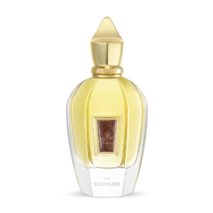 Perfume Xerjoff Richwood de lujo con notas de vainilla, pachulí y rosa.